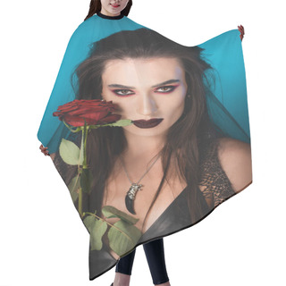 Personality  Young Brunette Woman With Dark Makeup Near Red Rose On Blue Hair Cutting Cape
