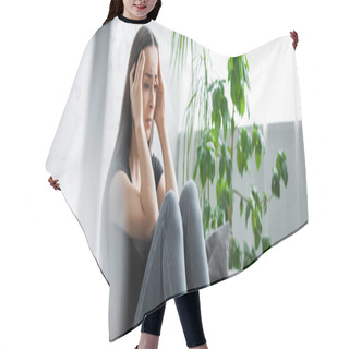 Personality  Panoramic Shot Of Upset Young Woman Suffering From Depression At Home Hair Cutting Cape