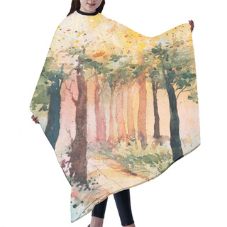Personality  Forest Watercolour Image With A Road Inside The Frame And Green Trees On The Both Sides Of The Road. Hair Cutting Cape
