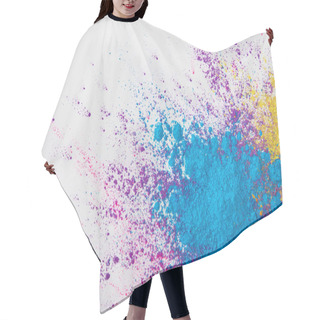 Personality  Top View Of Explosion Of Yellow, Purple And Blue Holi Powder On White Background Hair Cutting Cape