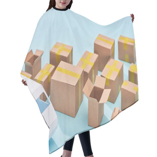 Personality  Cardboard Boxes Near Van Model On Blue Background With Copy Space Hair Cutting Cape