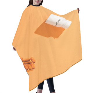 Personality  Top View Of Container With Omega-3 Lettering And Capsules On Orange Background Hair Cutting Cape