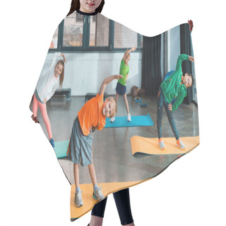Personality  Multicultural Kids Warming Up Together On Fitness Mats In Gym Hair Cutting Cape