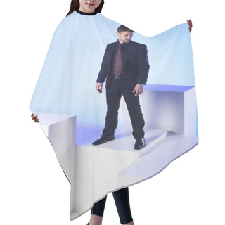 Personality  Businessman In Black Suit Standing On White Block Isolated On Blue Hair Cutting Cape