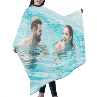 Personality  Handsome Bearded Man Looking At Attractive Woman In Swimming Pool  Hair Cutting Cape