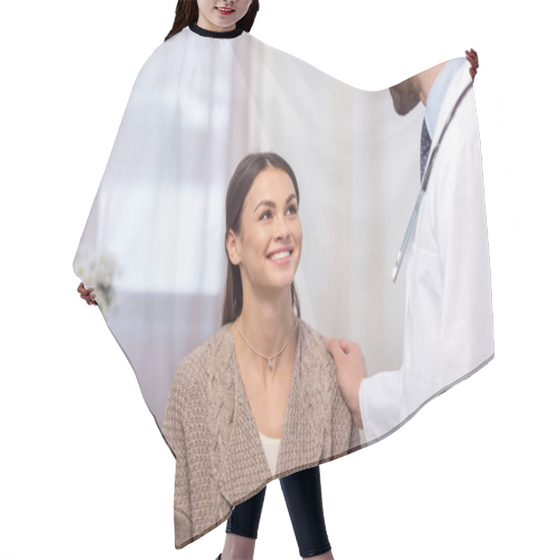 Personality  Doctor Consulting Patient Hair Cutting Cape