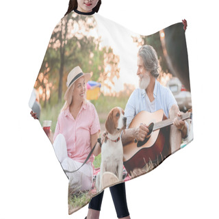 Personality  Happy Senior Couple With Dog At Picnic On Summer Day Hair Cutting Cape