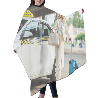 Personality  Smiling Blonde Woman In Eyeglasses Talking By Smartphone And Looking Away While Standing With Luggage Near Taxi Cab    Hair Cutting Cape