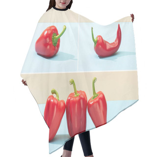 Personality  Collage Of Fresh Red Bell Peppers And Chili On Blue Surface Isolated On Beige Hair Cutting Cape