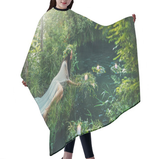 Personality  Fabulous Mythical Natural Landscape. Forest Fantasy Woman Sits On Shore Lake, Nymph Throws Wreath In Water. Old Slavic Cult Ceremony Ivan Kupala. Long White Dress. Black Hair Hair Cutting Cape