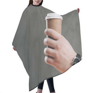 Personality  Cropped Shot Of Businessman Holding Paper Cup With Coffee To Go On Grey Hair Cutting Cape