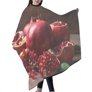 Personality  Composition With Ripe Pomegranates And Leaves On Table Hair Cutting Cape