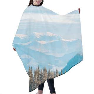 Personality  Scenic View Of Snowy Mountains With Pine Trees In Sunshine Hair Cutting Cape
