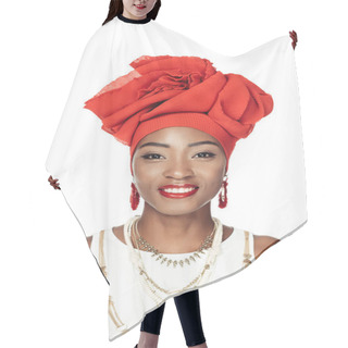 Personality  Smiling African American Woman In Stylish Clothing Isolated On White Hair Cutting Cape