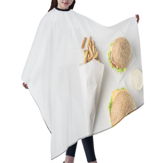 Personality  Top View Of French Fries In Paper Cone, Two Hamburgers And Mayonnaise, Isolated On White Hair Cutting Cape