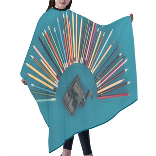 Personality  Top View Of Composition Of Colorful Pencils And Sharpener Isolated On Blue Background Hair Cutting Cape