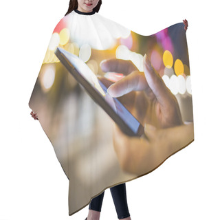 Personality  Woman Using Her Mobile Phone In The Street, Night Light Environment Hair Cutting Cape