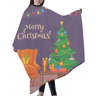 Personality  Christmas Room Interior In Colorful Cartoon Flat Style. Hair Cutting Cape