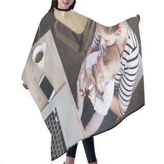 Personality  Young Mother Working From Home Hair Cutting Cape