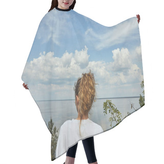Personality  Back View Of Young Woman Looking At Landscape With Green Leafy Trees, River And Blue Sky Hair Cutting Cape