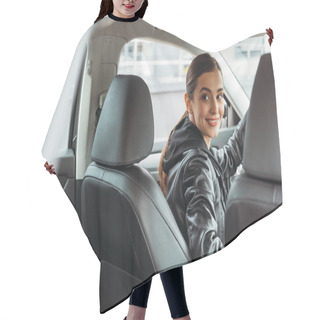 Personality  Smiling Woman Taxi Driver Looking At Passenger Seat Of Auto Hair Cutting Cape