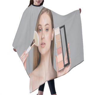 Personality  Young Woman Holding Cosmetic Brush And Blush Palette Isolated On Grey, Banner Hair Cutting Cape