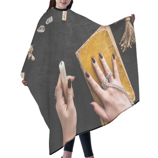 Personality  Top View Of Woman Holding Candle Near Aged Book, Voodoo Doll, Runes, Crystals And Skull On Black  Hair Cutting Cape