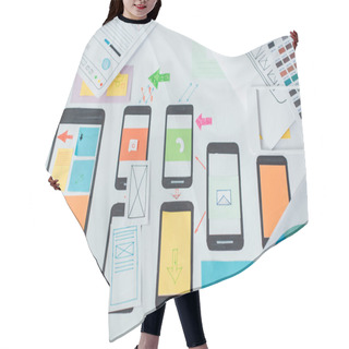 Personality  Top View Of Color Circle And Sketches Of Mobile User Experience Design On Wooden Table Hair Cutting Cape
