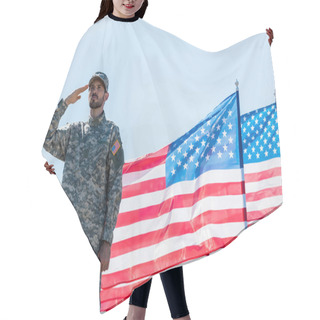Personality  Handsome Soldier In Military Uniform Giving Salute Near American Flags With Stars And Stripes  Hair Cutting Cape