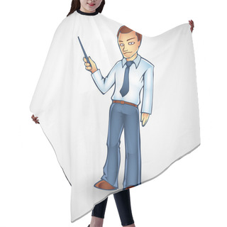 Personality  Cartoon Business Man Points Upwards With Pointer On Copy Space Hair Cutting Cape