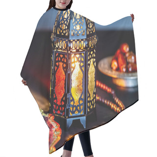 Personality  The Muslim Feast Of The Holy Month Of Ramadan Kareem With Dates On A Tray On A Dark Background. Beautiful Background With A Shining Lantern Fanus. Hair Cutting Cape