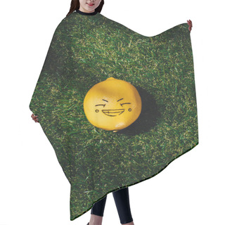 Personality  Elevated View Of Lemon With Drawing Smiling Face On Green Lawn  Hair Cutting Cape