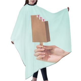 Personality  Cropped View Of Young Woman Holding Paper Ice Cream On Turquoise Hair Cutting Cape