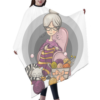 Personality  Woman Granny Sits In A Chair And Knits Knitting Needles Striped, Cat Sleeps On Her Knitting Around The Scattered Balls, Cartoon Cute Smiling Character Hair Cutting Cape