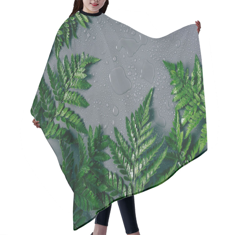 Personality  flat lay with arrangement of green fern plants with water drops on grey backdrop hair cutting cape