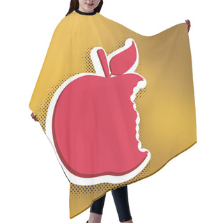 Personality  Bited Apple Sign. Vector. Magenta Icon With Darker Shadow, White Sticker And Black Popart Shadow On Golden Background. Hair Cutting Cape