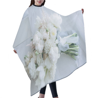 Personality  Top View Of Beautiful Bridal Bouquet On White Wooden Floor Hair Cutting Cape