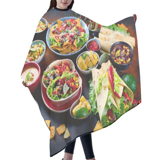 Personality  Traditional Mexican Food Mix On Dark Background.  Hair Cutting Cape