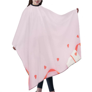 Personality  Top View Of Paper Hearts And Gift Box Isolated On Pink With Copy Space, St Valentines Day Concept Hair Cutting Cape