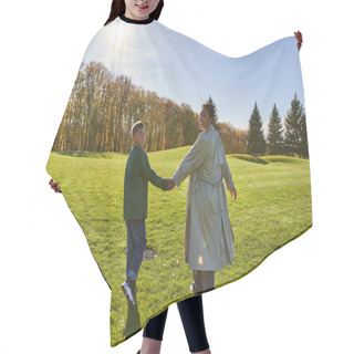 Personality  Sunny Day, African American Woman Walking With Son In Park, Green Grass, Fall Outfits, Outerwear Hair Cutting Cape