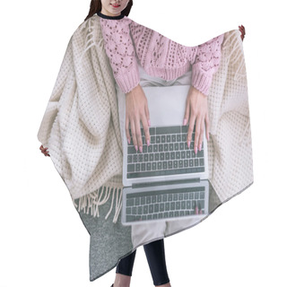 Personality  Top View Of Female Blogger Typing On Laptop At Home Hair Cutting Cape