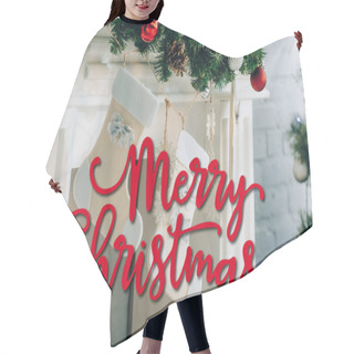 Personality  Decorated Pine Branch With Stockings Near Fireplace And Merry Christmas Lettering At Home Hair Cutting Cape