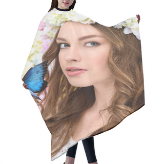 Personality  Close-up Portrait Of Attractive Young Woman In Floral Wreath With Butterfly On Hand Hair Cutting Cape