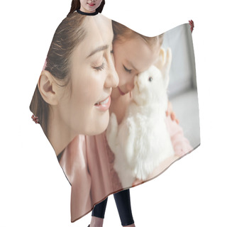 Personality  Selective Focus Of Happy Mother Near Cute Kid With Toy Rabbit  Hair Cutting Cape