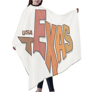 Personality  State Of Texas With The Name Distorted Into State Shape. Pop Art Style Vector Illustration For Stickers, T-shirts, Posters, Social Media And Print Media. Hair Cutting Cape