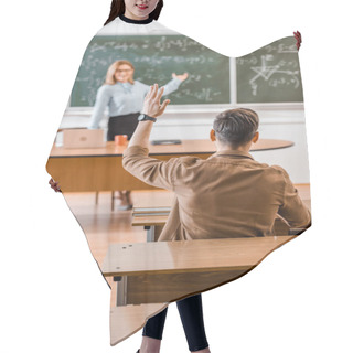 Personality  Selective Focus Of Male Student Raising Hand In Classroom  Hair Cutting Cape