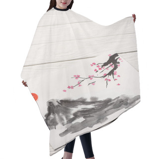 Personality  High Angle View Of Paper With Japanese Painting With Sun, Sakura Branches And Hill On Wooden Background Hair Cutting Cape