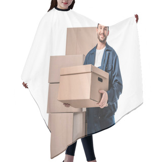 Personality  Smiling Handsome Mover In Uniform Carrying Cardboard Box And Looking At Camera Isolated On White With Copy Space Hair Cutting Cape