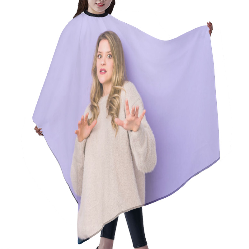 Personality  Young Caucasian Woman Isolated On Purple Background Being Shocked Due To An Imminent Danger Hair Cutting Cape