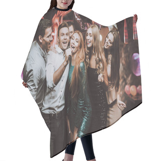Personality  Young People. Dance Club. Sing. Men. White Shirt. Microphone. Trendy Modern Nightclub. Party Maker. Birthday. Karaoke Club. Celebration. Holidays Concept. Dancing People. Great Mood. Hair Cutting Cape
